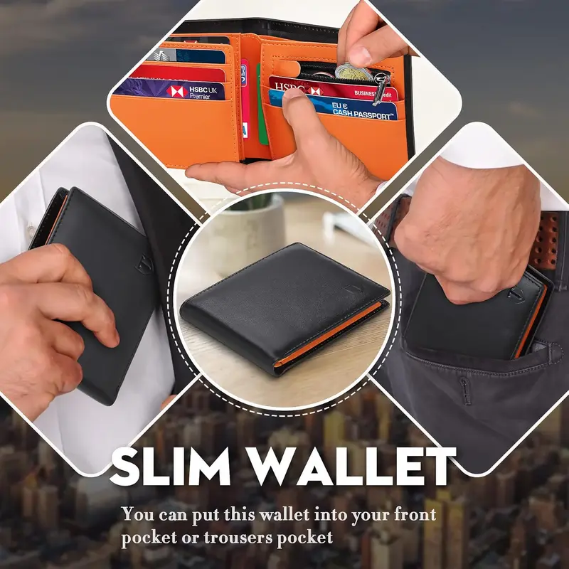 Wallets Slim Genuine Leather RFID Blocking Wallet with 11 Card Holder, 2 banknote compartments, Coin Pocket, Minimalist Wallets for Men UK with Gift Box - Black and Orange 2
