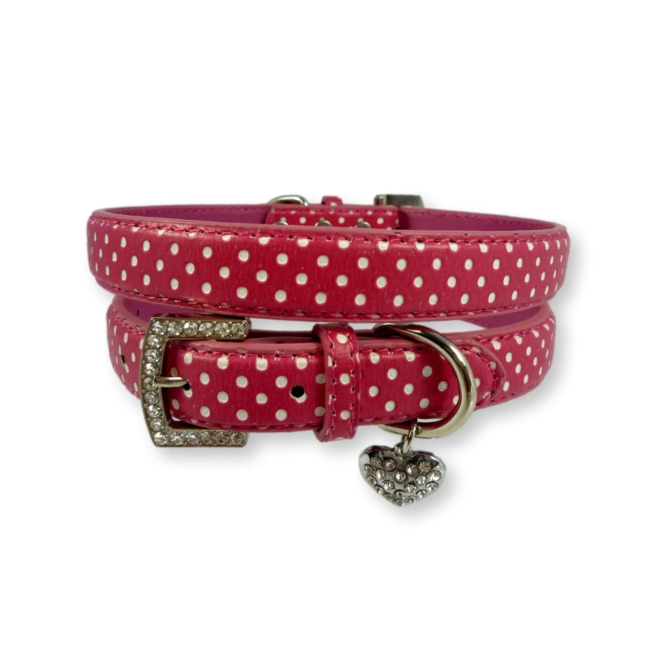 Polka Dot Dog Collar with Heart Charm Pink