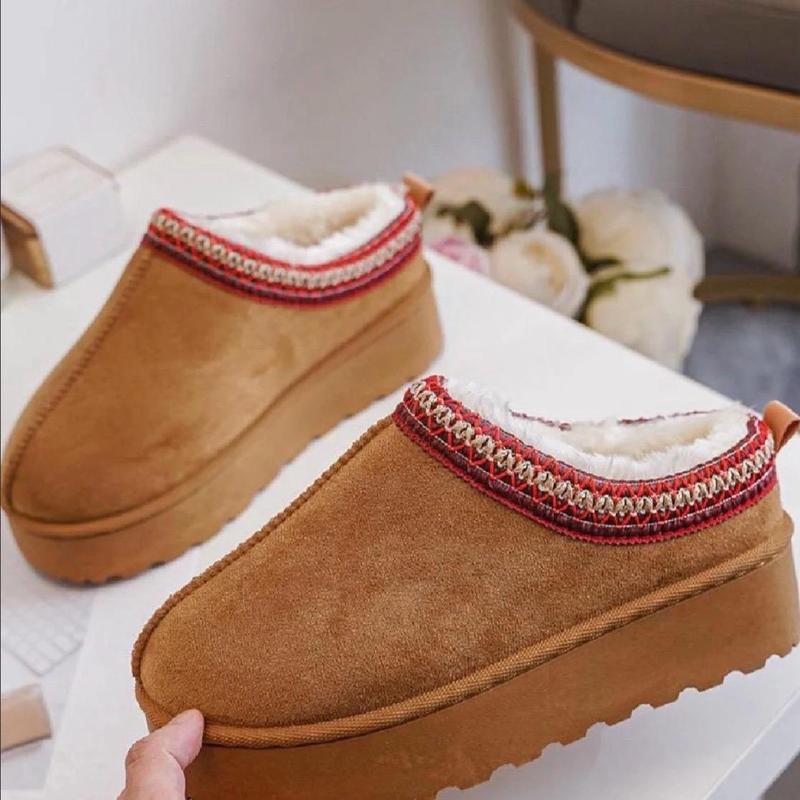 Autumn Winter Warm Suede Braided Outdoor Slippers Fashion Genuine Leather Fluffy Fur Lining Shoes for Autumn Winter Flat Sole and Platform Sole 2 Styles Optional Women's Autumn Winter Warm Suede Braided Outdoor Slippers with Fluffy Fur Lining - Girl gift 0