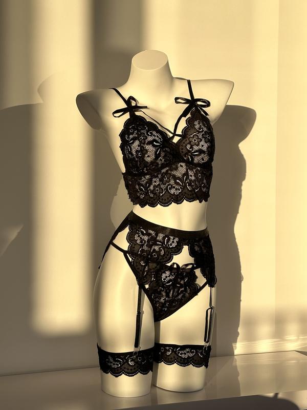 POP LINGERIE Sexy Lace 3-Piece Set with Garter Comfortable Womenswear Polyester Fabric Underwear 4