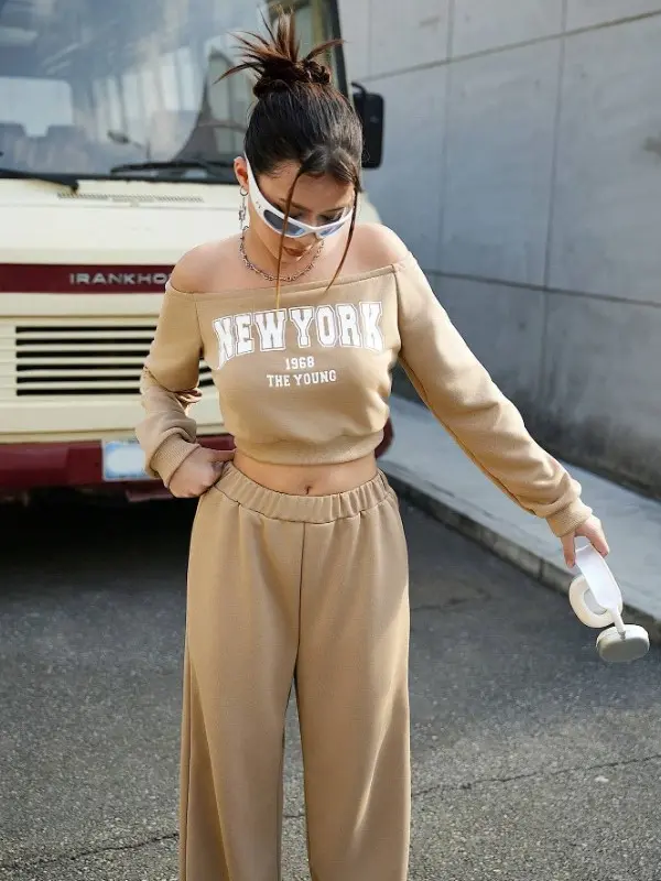 Kids 2pcs/Set Teenage Girls Casual Off-Shoulder Sweatshirt And Sweatpants Set 5