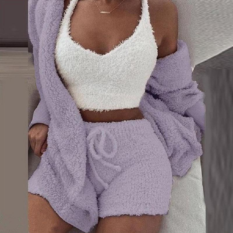 2024 New Winter Women's Velvet Pajamas Set Crop Top+Long Pants+Coat 3 Pieces Suit Warm Soft Fleece Homewear Pyjamas S-3XL 7