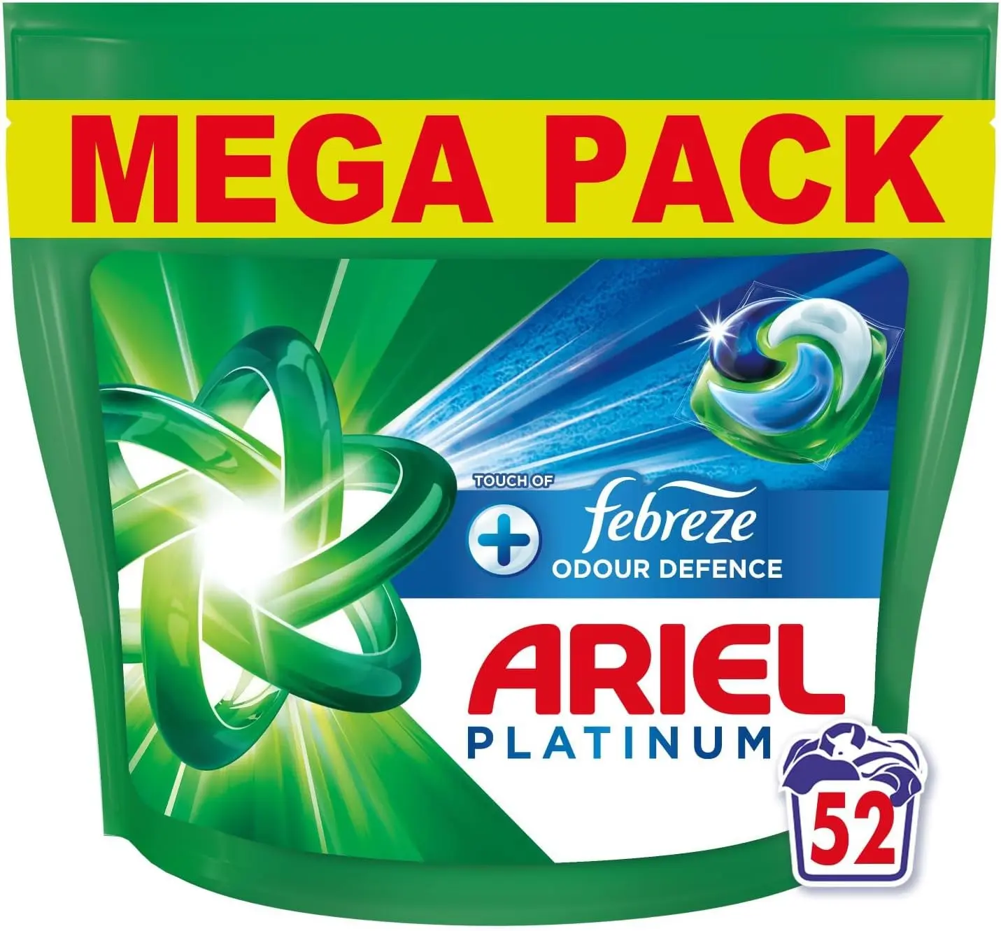 Platinum PODS®, Washing Liquid Laundry Detergent Capsules 52 Washes, +Touch Of Febreze Odour Defence, Extra Stain & Odour Removal (Packaging may vary) Household Cleaner Cleaning