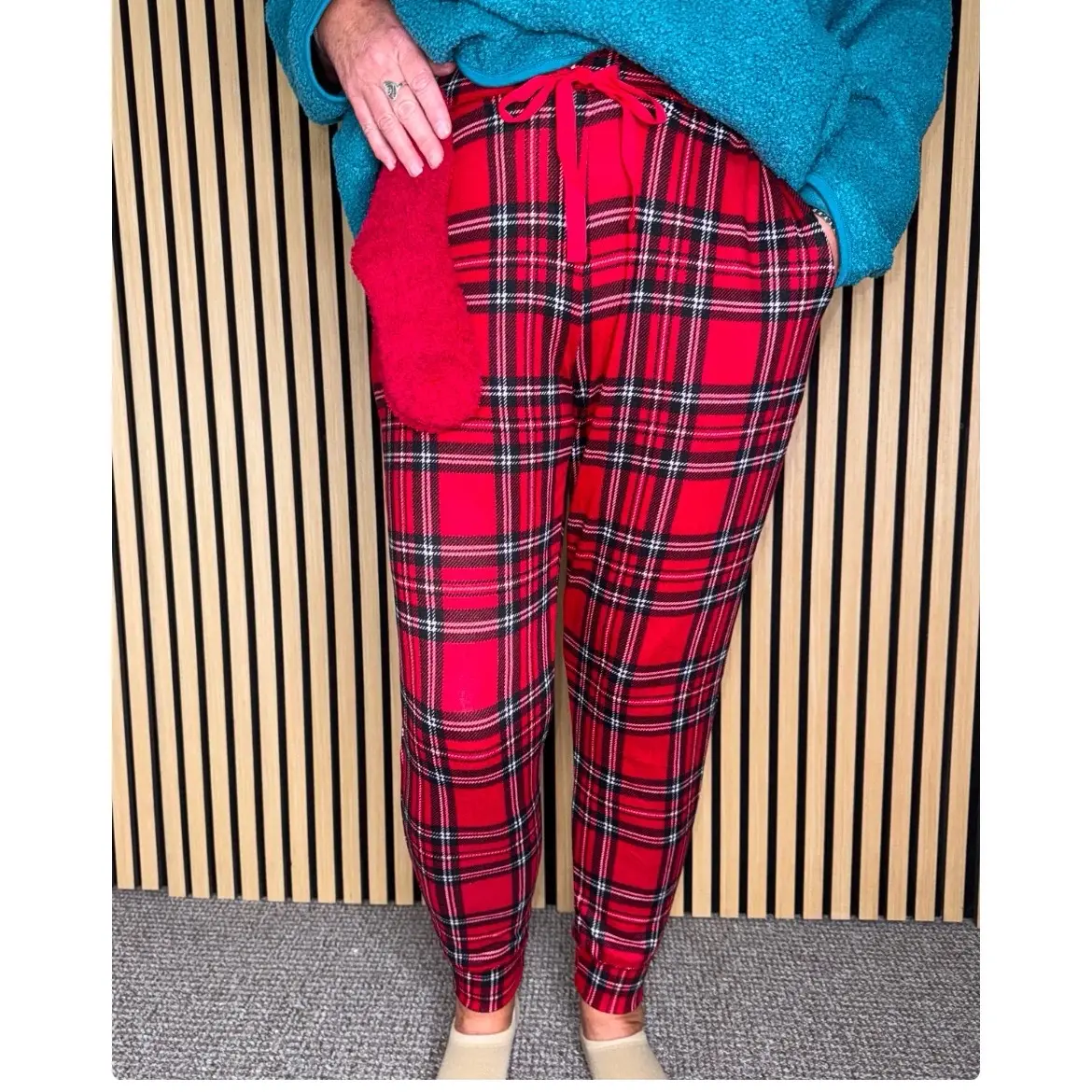 Checked Pyjama Bottoms with Fluffy Socks, Size Large-2XL