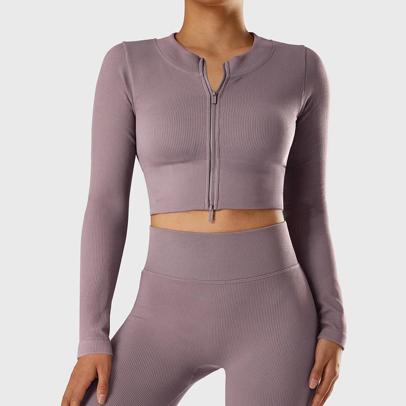 Mooslover UK Women's Ribbed  Running Sports Jacket Yoga Long Sleeve Full Zip Gym Tops 4