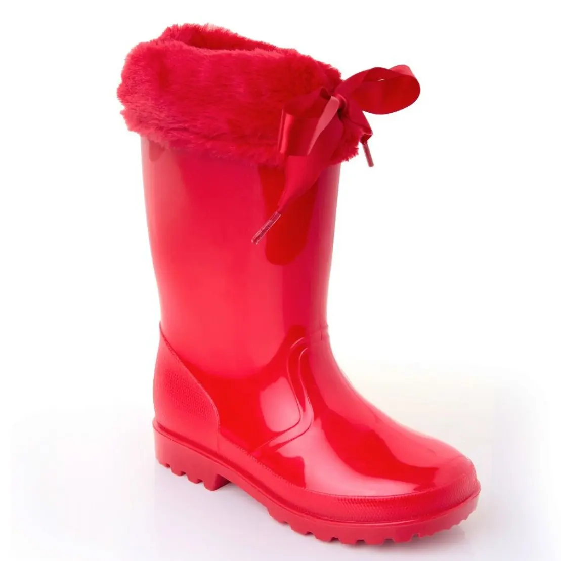 Girls Fur Bow Wellington Boot Black, Red and White