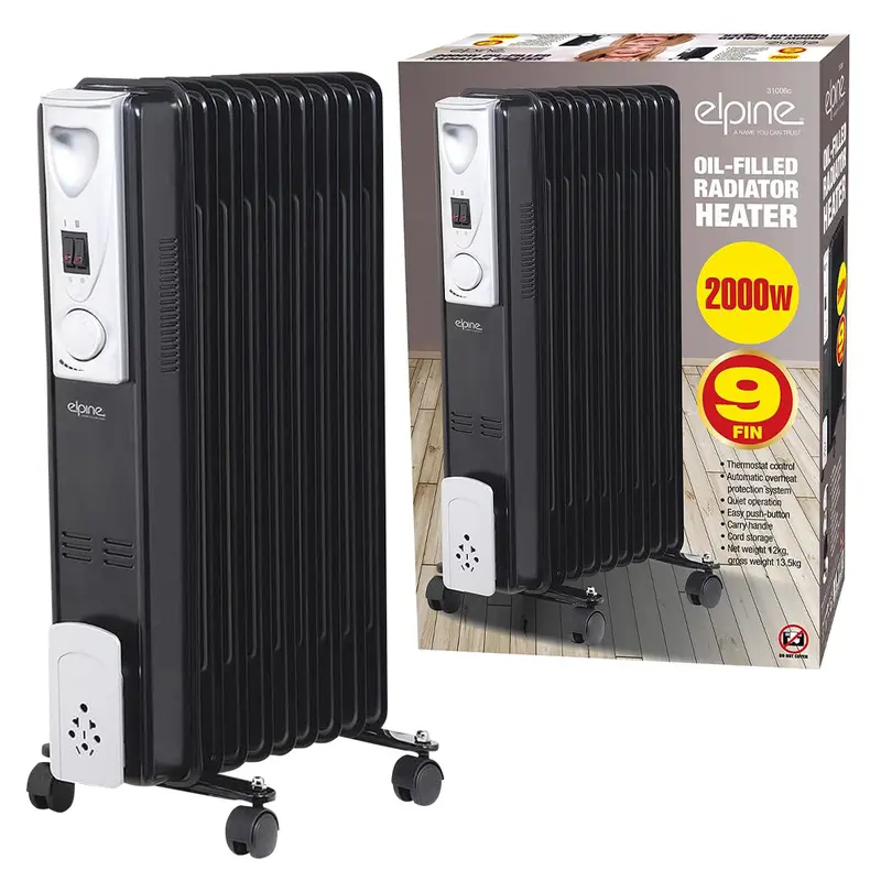 2000W 9 Fin Portable Oil Filled Radiator Heater Electric Adjustable Home Black 6
