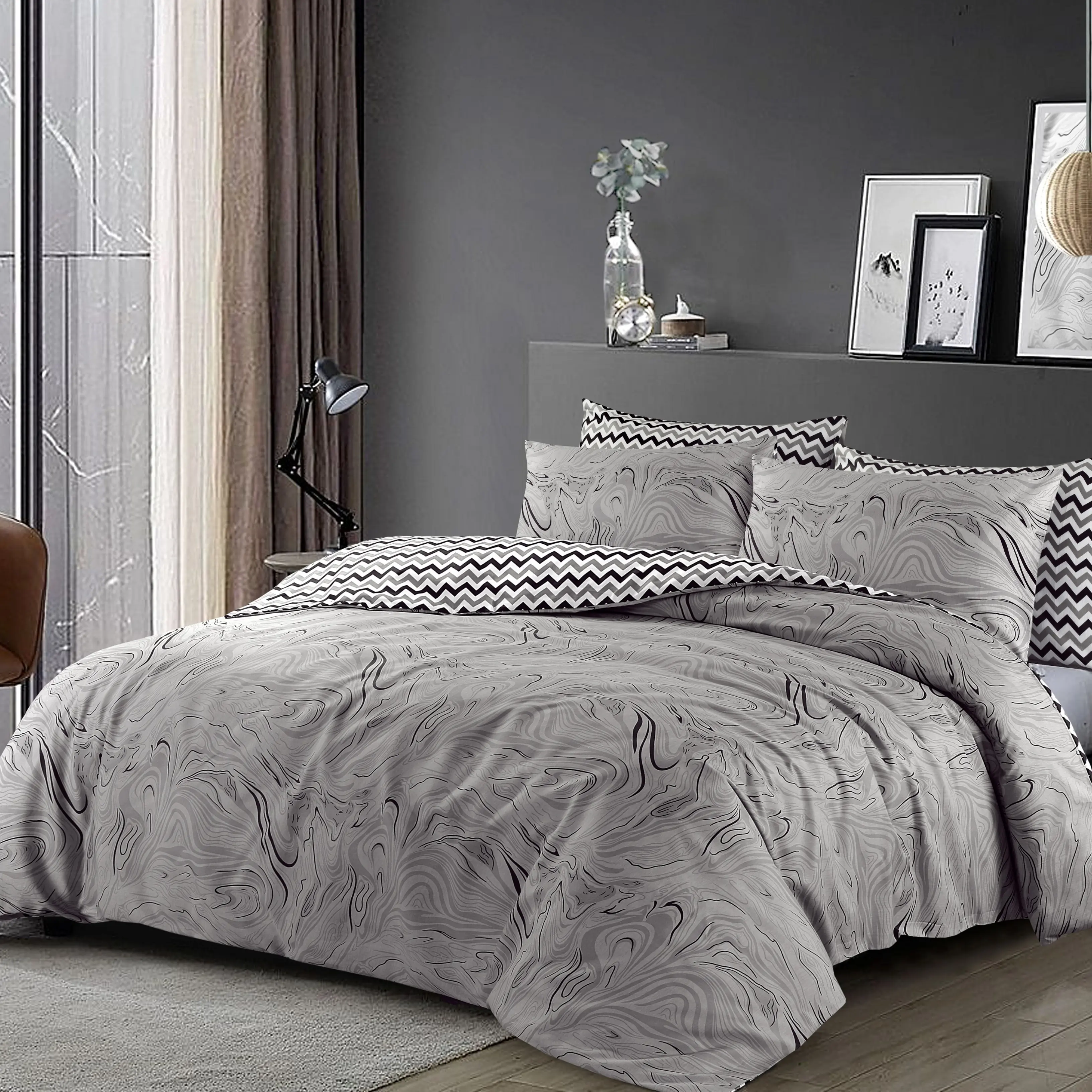Duvet Cover Set 3 Piece 200 Thread Count Reversible Stripe Silver Grey Bedding Sets with Pillow Cases