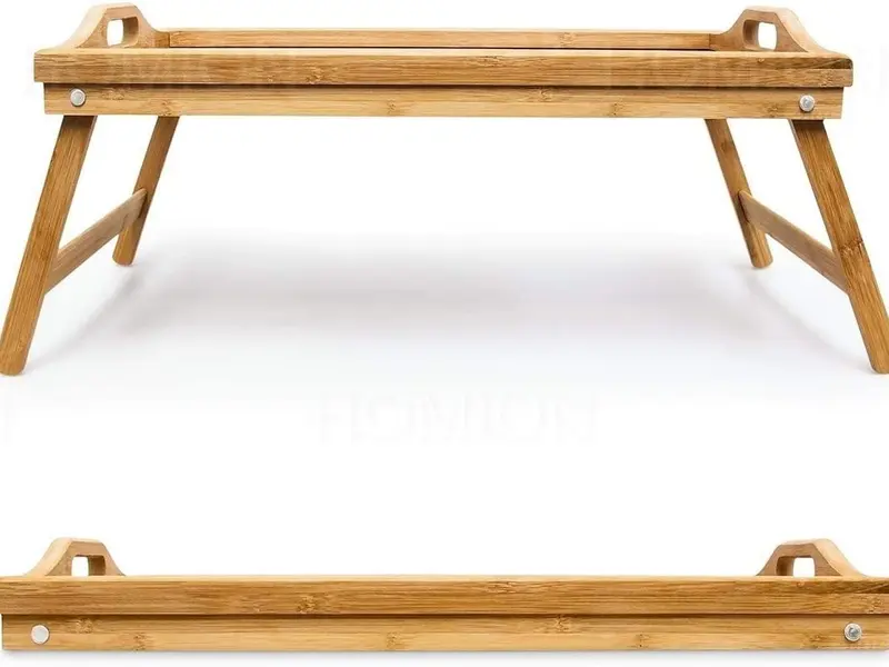 Wooden Breakfast in Bed Tray, 50 x 30 x 23 cm Serving Lap Tray With Folding Legs And Handles Bamboo Plates 0