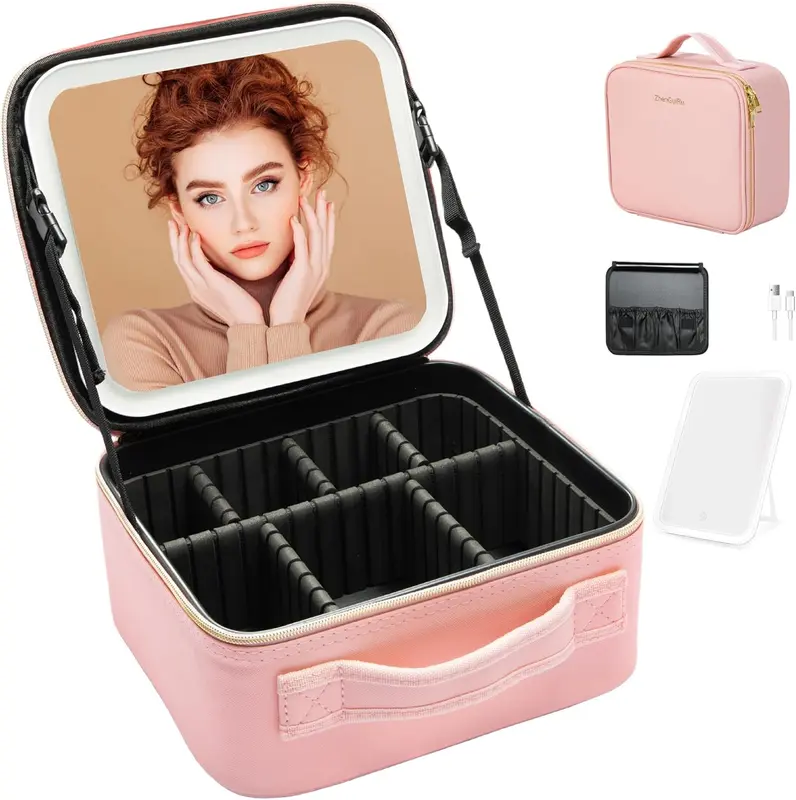 Travel Makeup Bag with LED Light Mirror 3 Color Adjustable Brightness, Waterproof Cosmetic Case Organizer with DIY Dividers, Toiletry Makeup Case Christmas Gift for Her 0