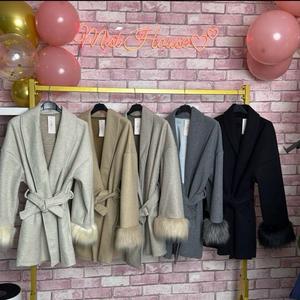 Women's Premium Lapel Coat with Faux Fur Sleeves, Belt & Pockets - Mist House Fashion - Tops, Outerwear