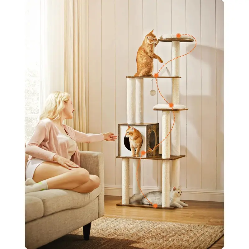 Woodywonders Cat Tree, 65-Inch Modern Cat Tower for Indoor Cats, Multi-Level Cat Condo with 5 Scratching Posts, Perch, Washable Removable Cushions, Cat Furniture, Rustic Brown UPCT166X01 1