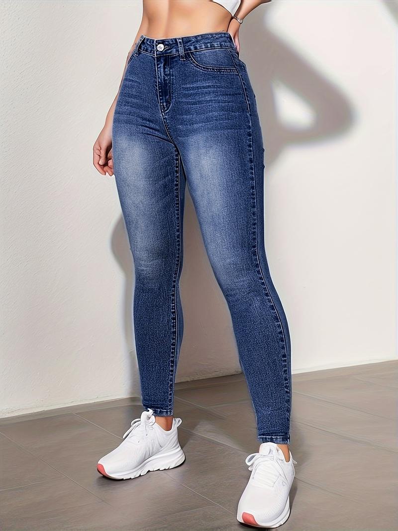 Product Introduction of Women's High-Waisted Skinny Jeans, Stretch Denim, Casual Style, Classic Blue, Full Length Pants, Fashionable Everyday Wear 12