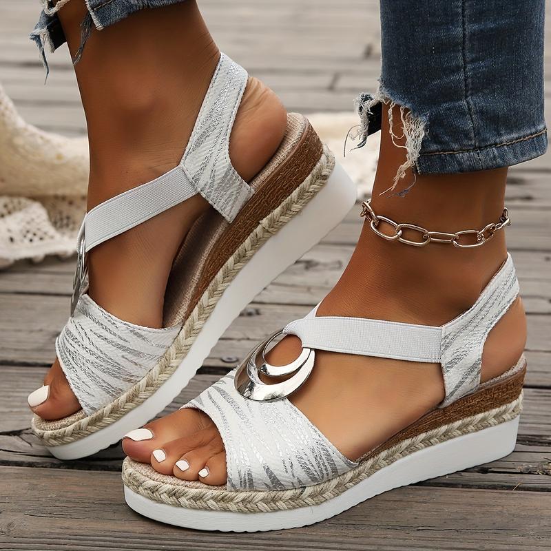 Product Introduction of Women's Solid Color Elegant Sandals, Metallic Buckle Design Platform Slingback Shoes, Casual Wedge Peep Toe Shoes Girl Footwear 2