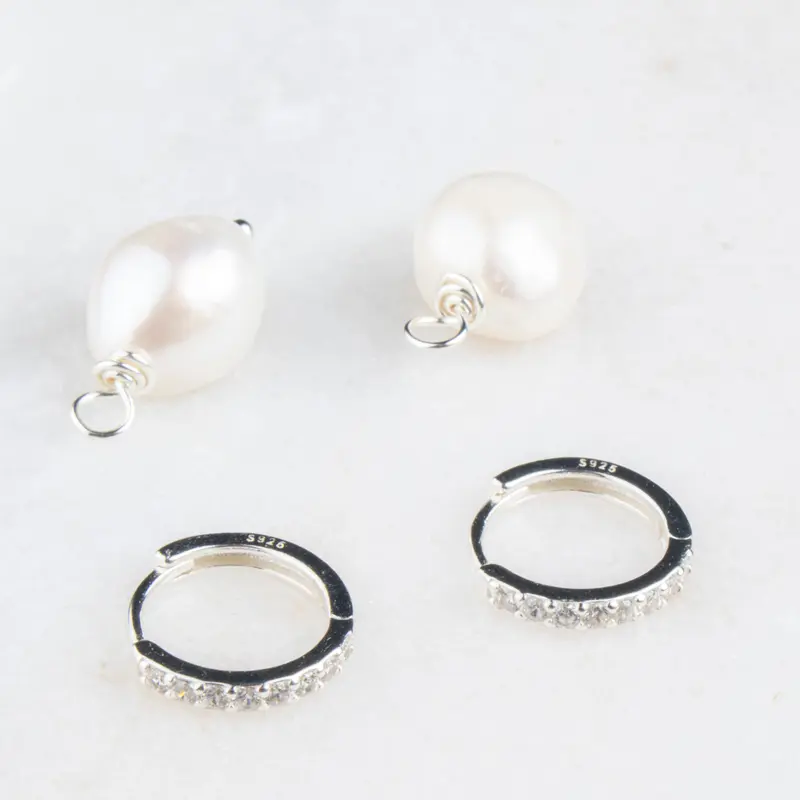 Titania Diamante Huggies With Fresh-water Pearl Charm - Sterling Silver 925 8