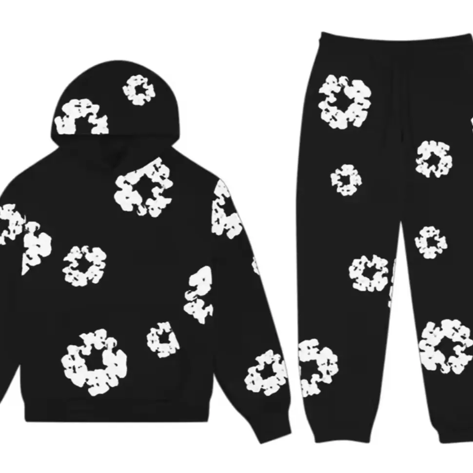 Chic Unisex Tracksuit Set with 3D Kapok Flower Pattern - Couples Pullover Hoodie Sweatshirt and Track Pants - Womenswear, Women Comfort Trouser Long Sleeve Clothing Comfortable Breathable Fit Lightweight Soft Gamis