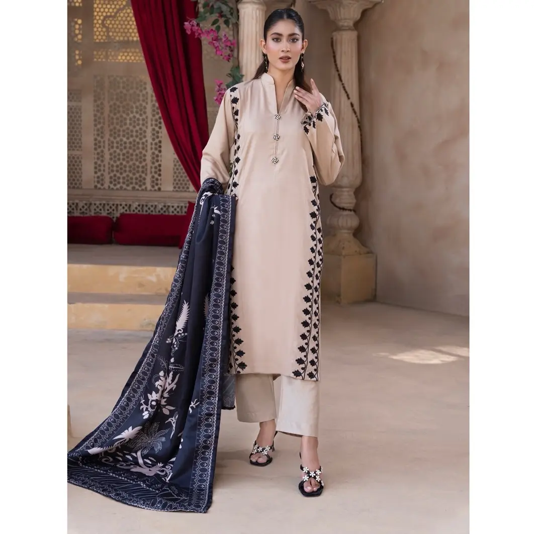 (Beige) 3 Pc Ready To Wear Dhanak Embroidered Suit -With  Shawl Dupatta  | - Raniya.H