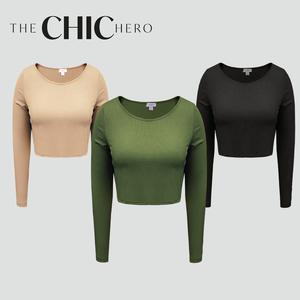 ChicHero Long Sleeves Crop Comfort Casual Tee Clothing Cotton Fabric Round Neck Top Womenswear Bottoms Cropped