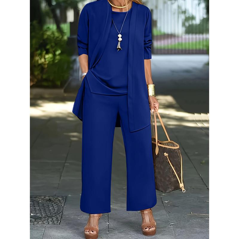 Casual Three-piece Solid Set, Long Sleeve Cardigan & Top & Long Pants Outfits, Women's Clothing 2