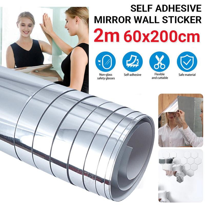 2m Large Mirror Wall Sticker Roll Self Adhesive Bathroom Room DIY Decor Stick On 0