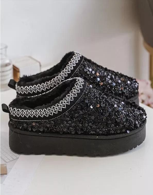 Girls Slip On Warm Faux Fur Lined Shiny Sequin Fashion Kids Aztec Black Ankle Boots Mules Shoes 2