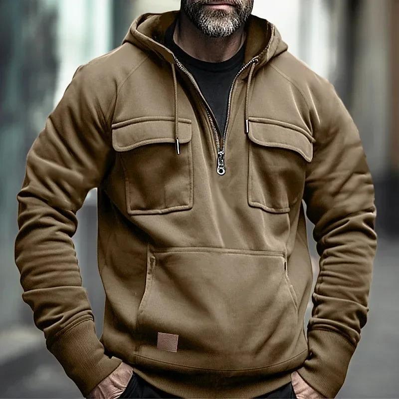 Half Zipper Men's Tactical Hoodies Solid Warm Fleece Military Sweatshirts Multi Pockets Male Hooded Jackets Thick Outdoor Polar Menswear Tops 1