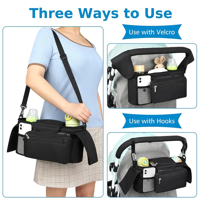 Baby Pushchair Organiser with 2 Insulated Cup Holders and Large Capacity for Baby Essentials-Convenient Compact Design Fits Any Pram Handlebar. Universal Stroller Organizer with Insulated Cup Holder Detachable Phone Bag Shoulder Strap. 2