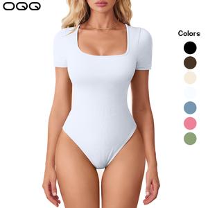 OQQ Women's Bodysuits Sexy Ribbed One Piece Square Neck Short Sleeve Bodysuits Black Plain Slim-fitting Casual Polyester Womenswear Tops Lady Comfort