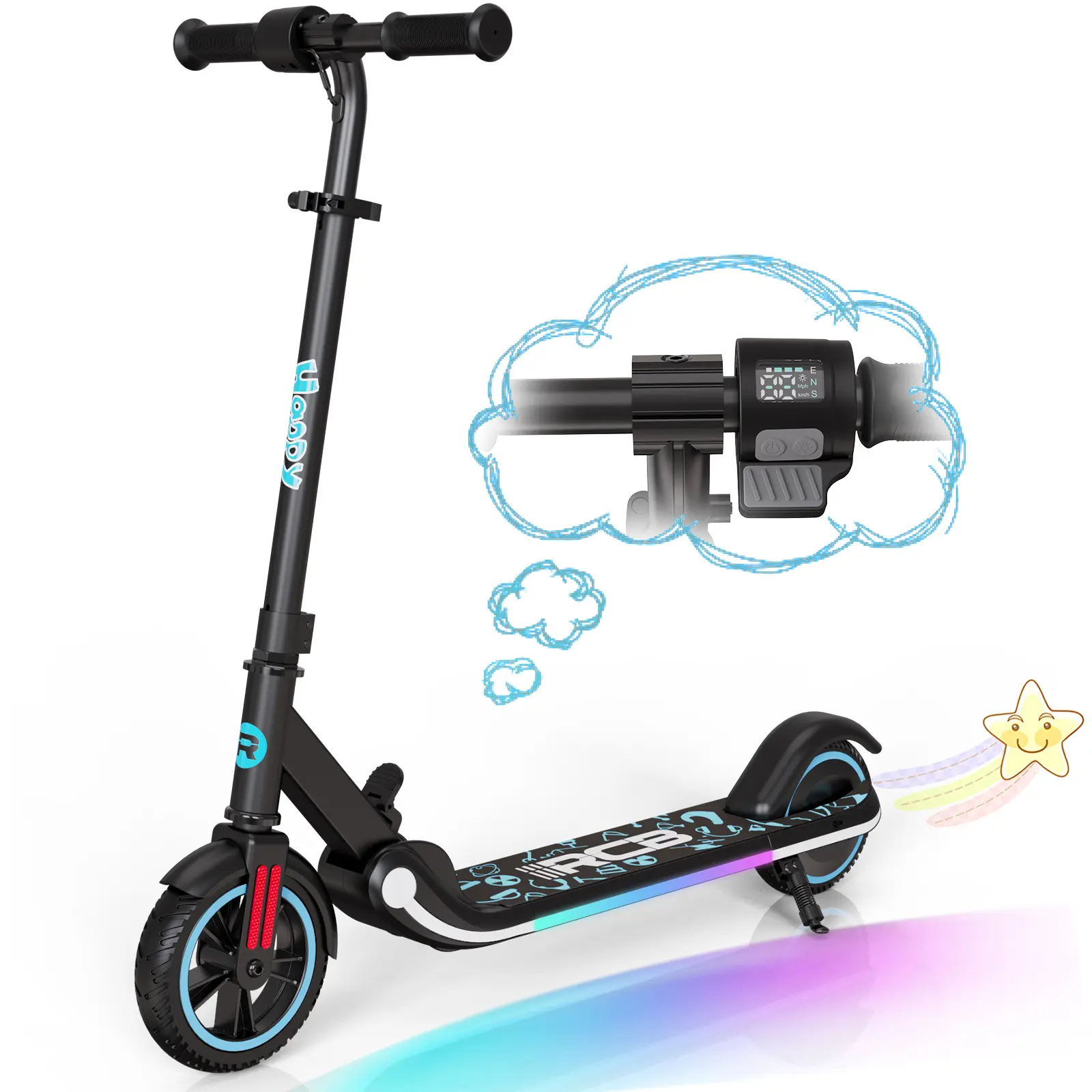 Electric Scooter for Kids, 150W Motor - Max 9.3mph - Bluetooth Speaker - Colorful LED Lights - Foldable - LED Display,Kids E Scooter for Age 6-12