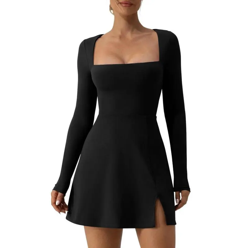 Women's Split Thigh Square Neck A Line Dress, Casual Long Sleeve Mini Dress, Ladies Clothes for All Seasons 8