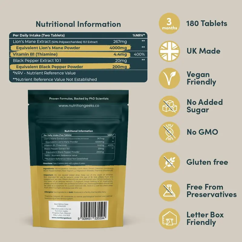 Lion’s Mane Supplement 4000mg with Vitamin B1 & Black Pepper | 180 Vegan Tablets | 15:1 Extract | UK Made for Mental Performance & Nervous System Support 2