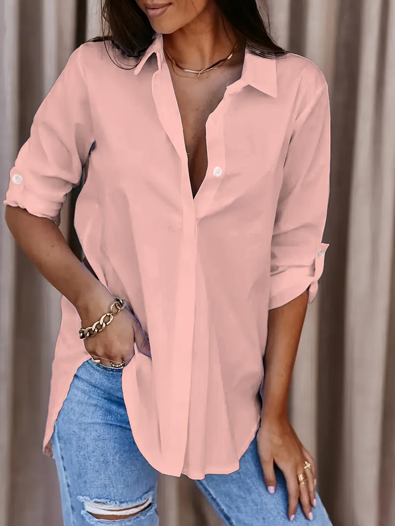 Product Introduction of Solid Button Front Shirt, Casual Turn Down Collar Office Work Shirt, Women's Clothing 12
