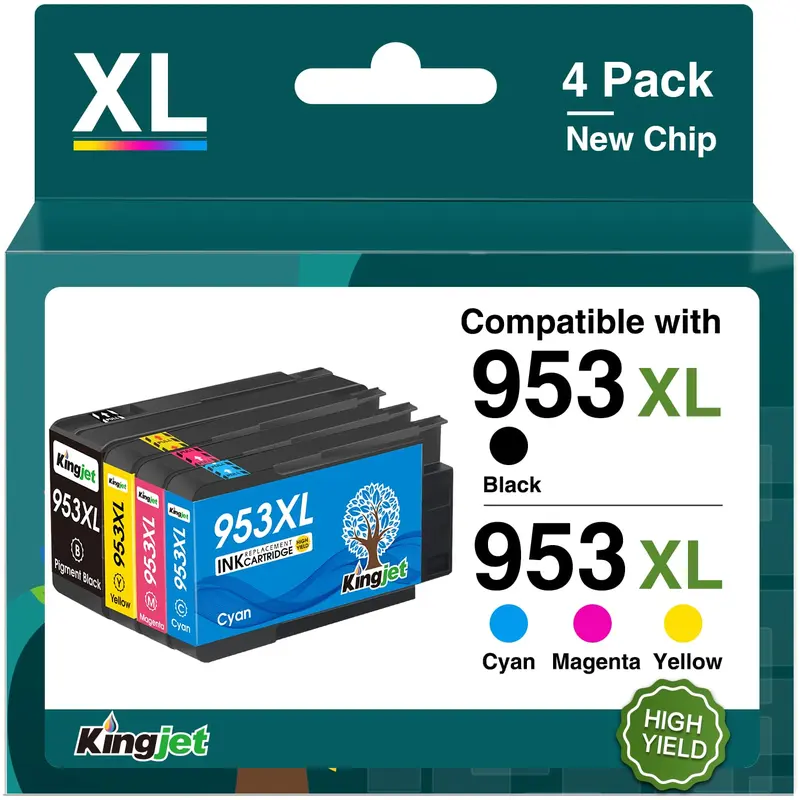 KINGJET 953XL Ink Cartridges Multipack New Chip for HP 953 953XL Ink Cartridges for HP OfficeJet Pro 7720 7740 8710 8218 8715 8718 8719 8720 8725 8728 8730 8740 7730 8210 (Black Cyan Magenta Yellow) 0