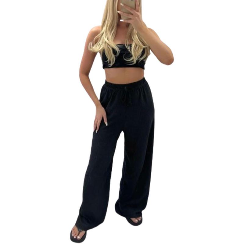 Ladies Wide Leg Straight Plain High Waisted Stretchy Palazzo Trousers, Loose Pants, Pajamas Bottoms Fit Soft Womenswear Comfortable Elegant Loungewear 5