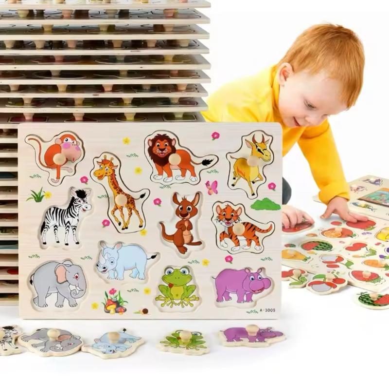 MONTESSORI WOODEN PUZZLES: Hand Grab Boards, Tangram, Jigsaw Educational Toys featuring Cartoon Vehicles, Animals, and Fruits in 3D Puzzles 6