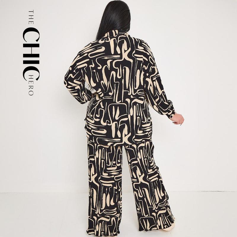 ChicHero Crinkle Abstract Print Dropped Shoulder Oversized Comfort Co-ord Shirt & Trousers 1