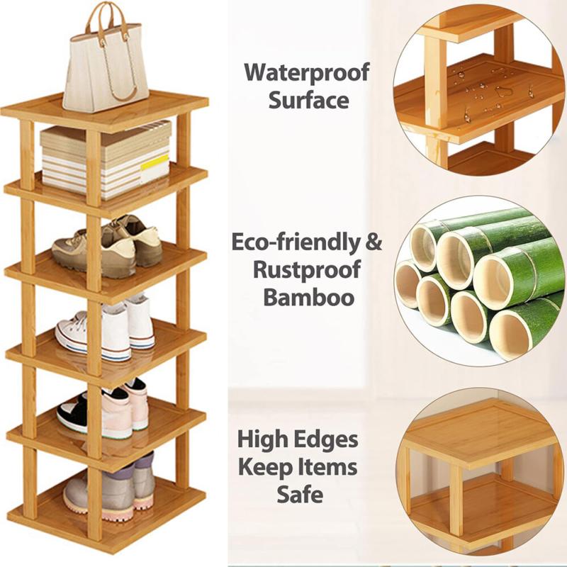 6 Tier Vertical Shoe Rack Tall Narrow Shelf Storage Organizer Slim Shoe Tower UK Bamboo Metal 7