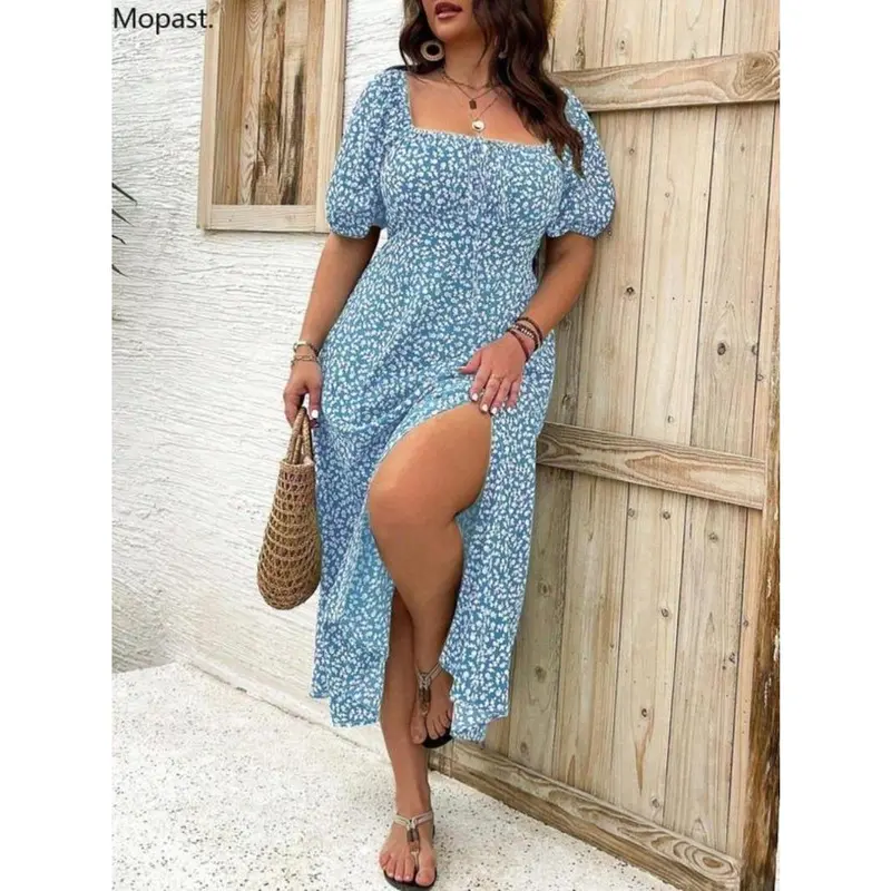 【Plus Size】 Ditsy Floral Print Split Thigh Dress, Boho Puff Sleeve Tie Front Sundresses, Maxi Dress, Summer Dresses 2024, Daily Wear Ella Thomas Coming Home Outfit, Wedding Guest College Dress Hide Tummy Black Party Dresses, UK Green Dress Lady 3