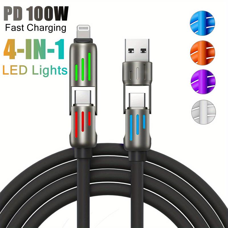 Product Introduction of 100W 4in 1 Functional Super Fast Charge USB Type C Liquid Silicone Aluminum Alloy Data Cable for iPhone for SamSung Xiaomi Redmi, Oneplus, And Xiaomi OnePlus, USB C Charging & Data Sync Cord Wire 1