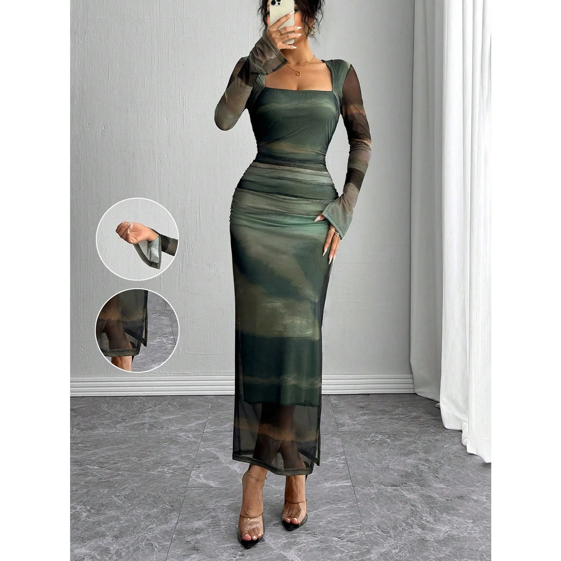 Raffinéa Long Sleeve, Split Cuff, Drawcord Waist, U-Neck, Mesh Abstract Print Fitted Dress For Women Maxi Women Outfit Casual Womenswear