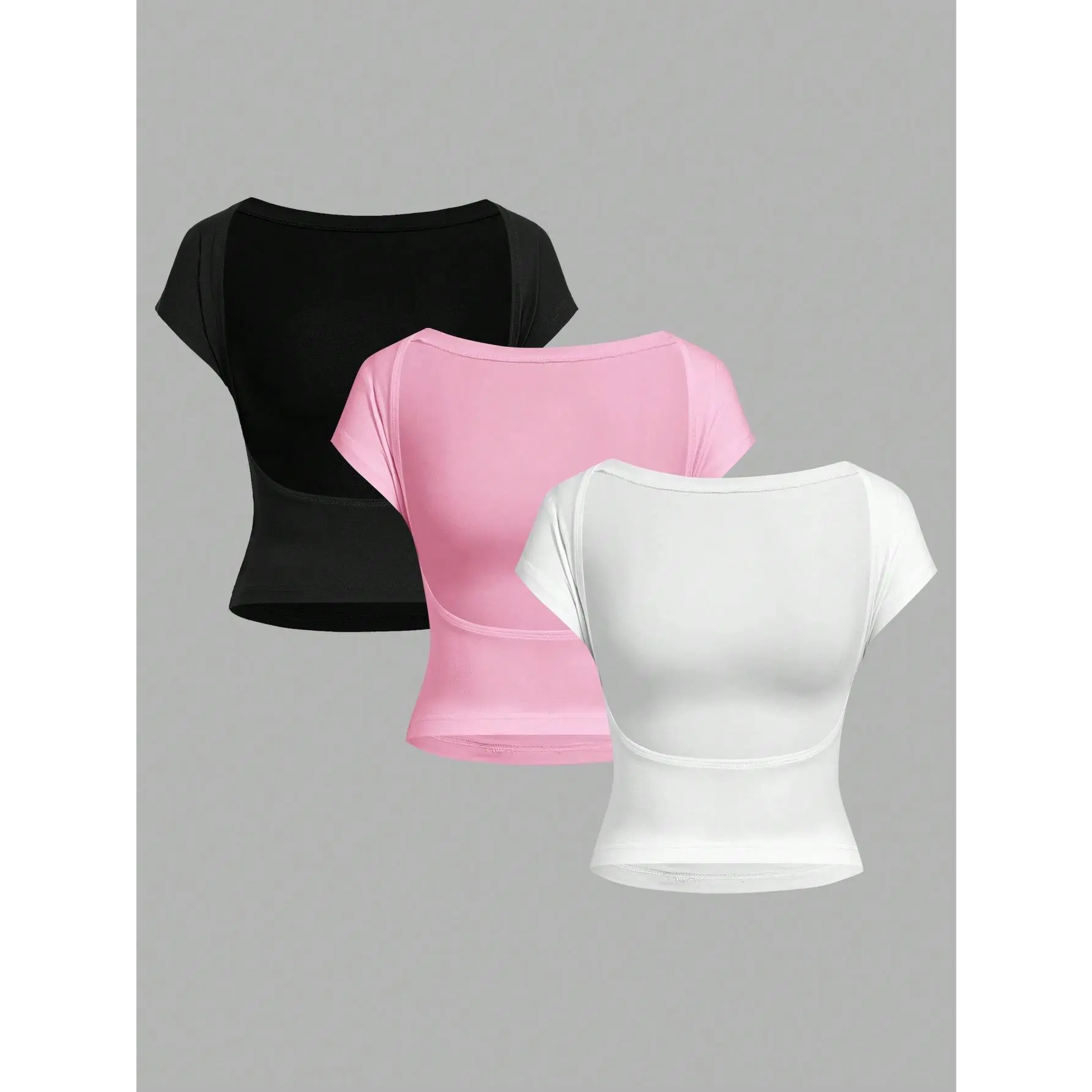 EZwear 3pcs Women Casual Simple Backless Round Neck Short Sleeve Crop Top Suitable For Summer