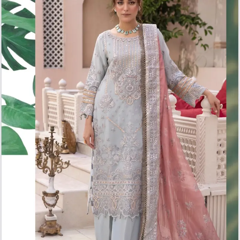 IMROZIA INSPIRED 3 PIECES EMBROIDERED PLAZOO SUITS.—ICE BLUE