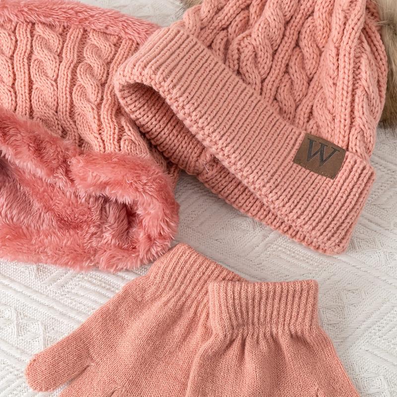 A set of Youngsters's autumn and winter three-piece set of cold-proof and warm suits including double ball knitted hat, scarf, gloves, fashionable and versatile brimless hat suitable for outdoor camping, hiking, and skiing 6