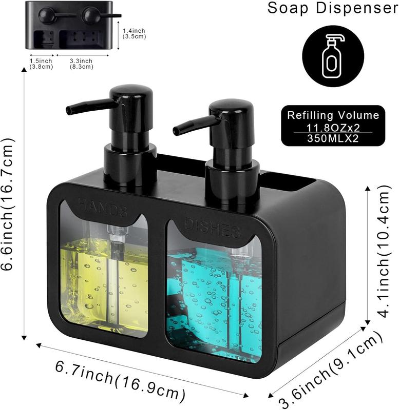 Kitchen Soap Dispenser,Hand and Dish Soap Dispenser and Spong Caddy with Brush Holder,3 in 1 Countertop Organizer for Kitchen Sink(Black) 2
