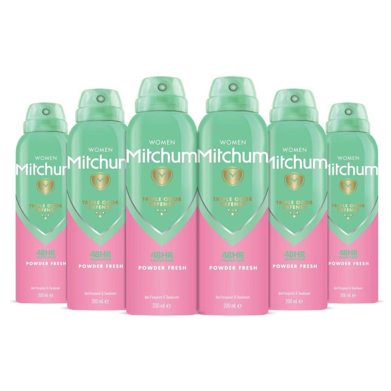 Product Introduction of Mitchum Women Triple Odor Defense 48HR Protection Deodorant Spray & Antiperspirant (200ml), Powder Fresh, Pack of 6 Body Care Comfort Cleanser Cosmetic Scent 9