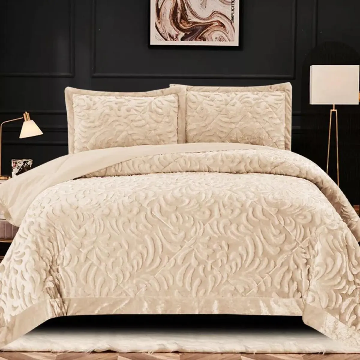 3 PCS Soft Velvet Quilted Bedspread Throw & Pillow Shams Double King Size gypsy Bedding Sets winter summer hotel kids luxury comfy linen bedding supplies pink soft bedsets machine wash multicolored anti-drop durable fade resistant pumpkin bedding set