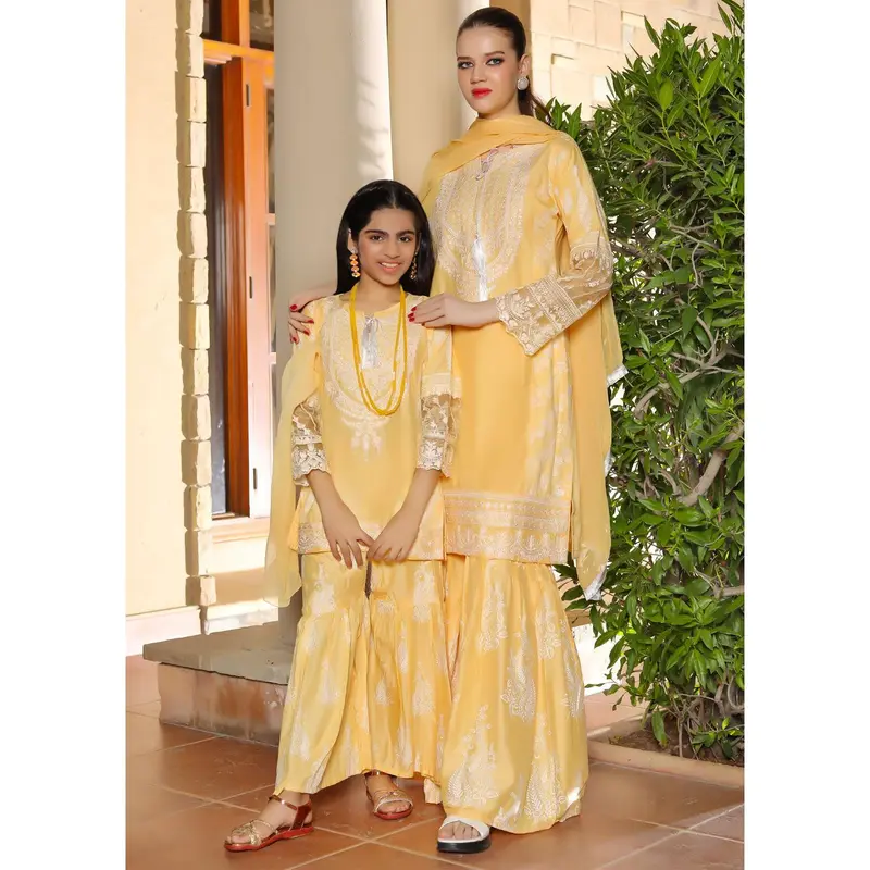 HK181 Bekhud Readymade Yellow Linen Mother & Daughter Suit 0