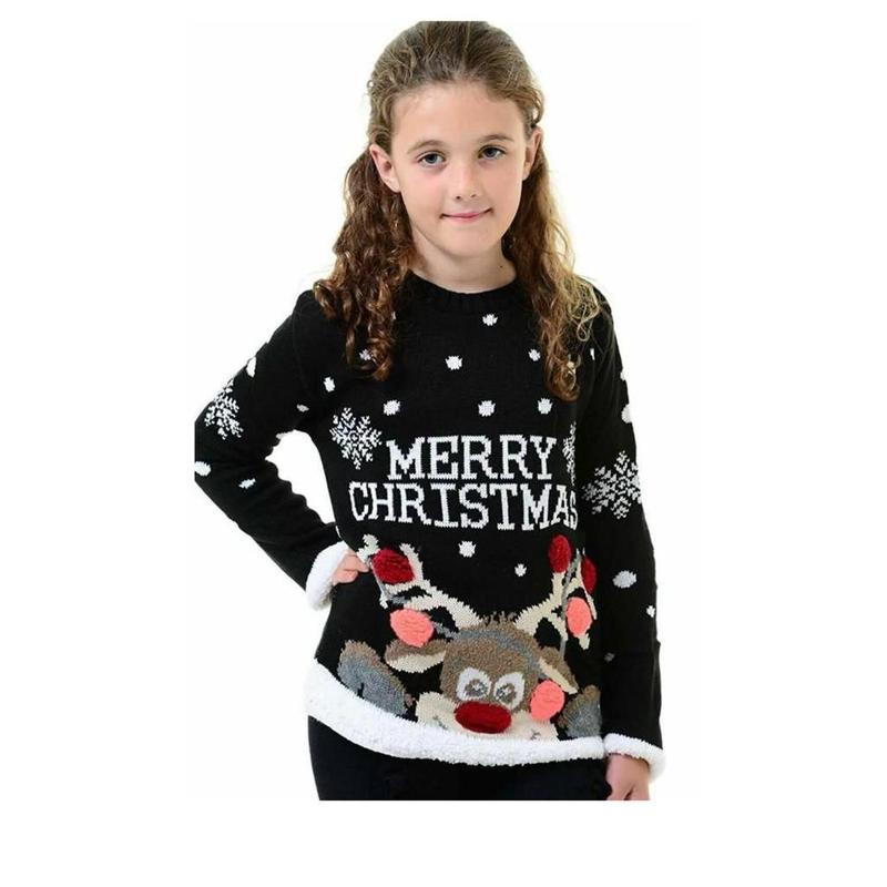 Womens Merry Christmas Print Long Sleeve Reindeer Pom Pom Jumper Sweatshirt Girls Xmas Party Wear Knitted Warm Pullover Novelty Sweater Top Knitwear 6