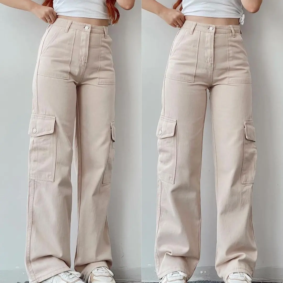 Versatile casual pants, mid-rise three-dimensional pocket trousers, waisted overalls