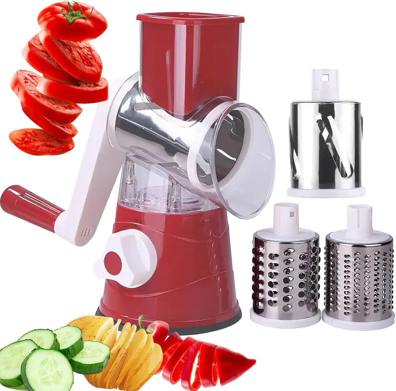 Rotary Cheese Grater - Vegetable Slicer with 3 Interchangeable Stainless Steel Drum Blades, Effortless Slicing and Dicing, 3-in-1 Handheld Vegetable Choppe for Cheese, Vegetables and Nuts Kitchen Utensils 0